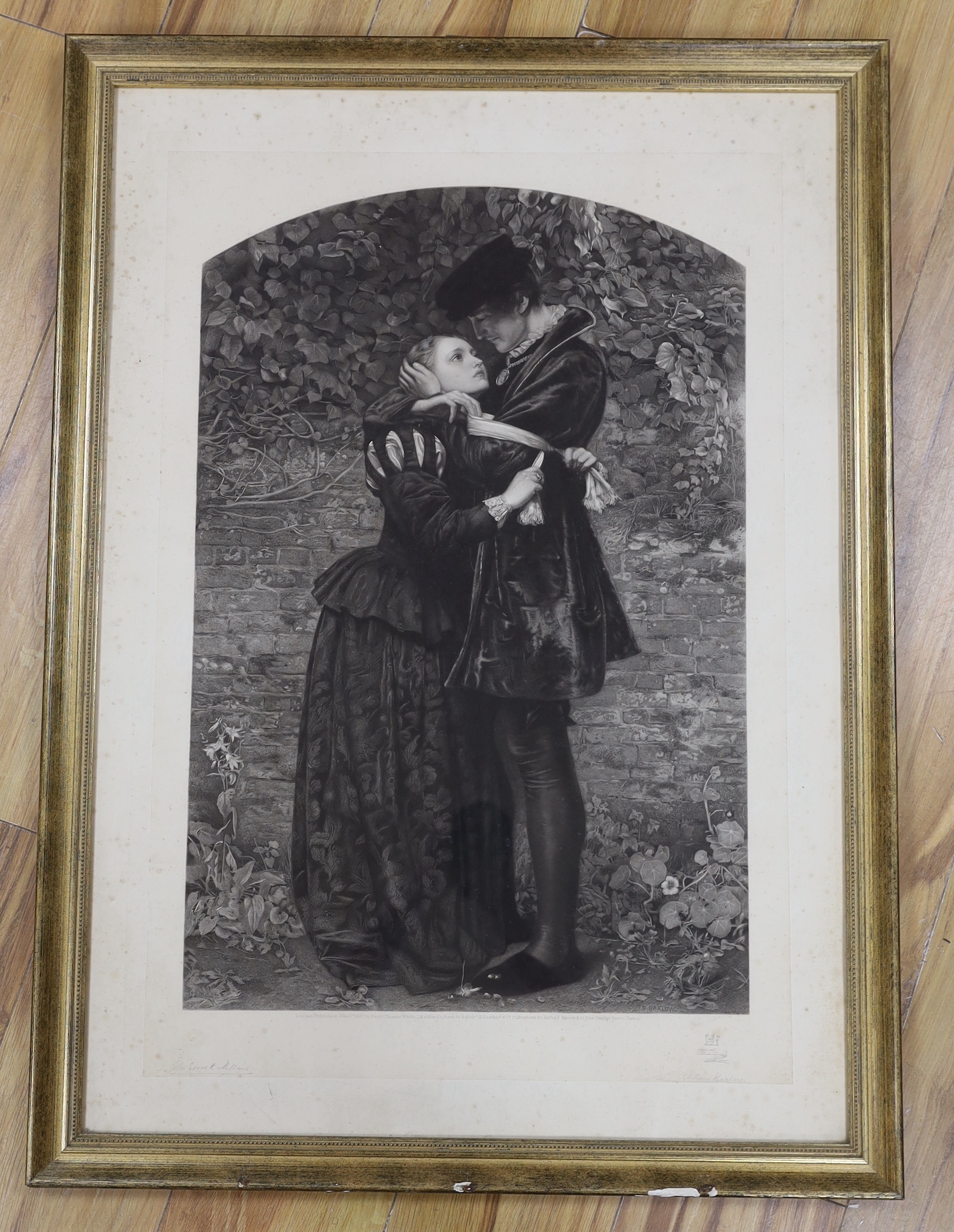 Thomas Oldham Barlow after Sir John Everett Millais, mixed method engraving on chine collé, 'A Huguenot, on St Bartholomew's Day', signed in pencil by both artists, publ. 1857 by White & Gambart, sheet overall 80 x 56cm